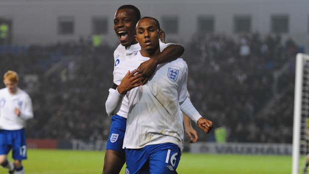 Robert Hall celebrates his winner against Denmark for England U19s.